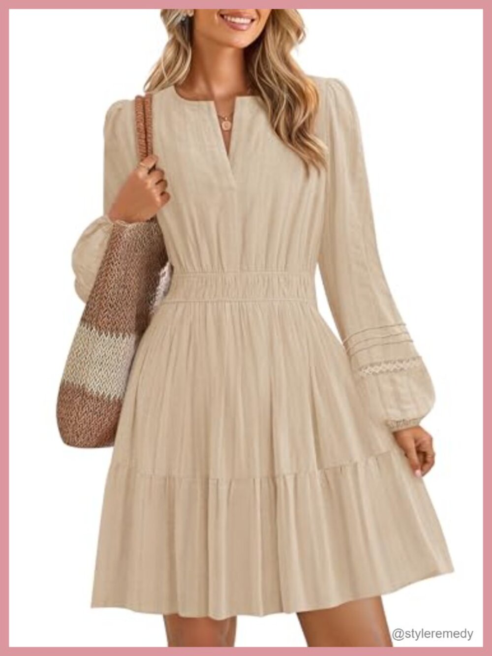 Long Sleeve V Neck Flowy Mini Dress A-Line Casual